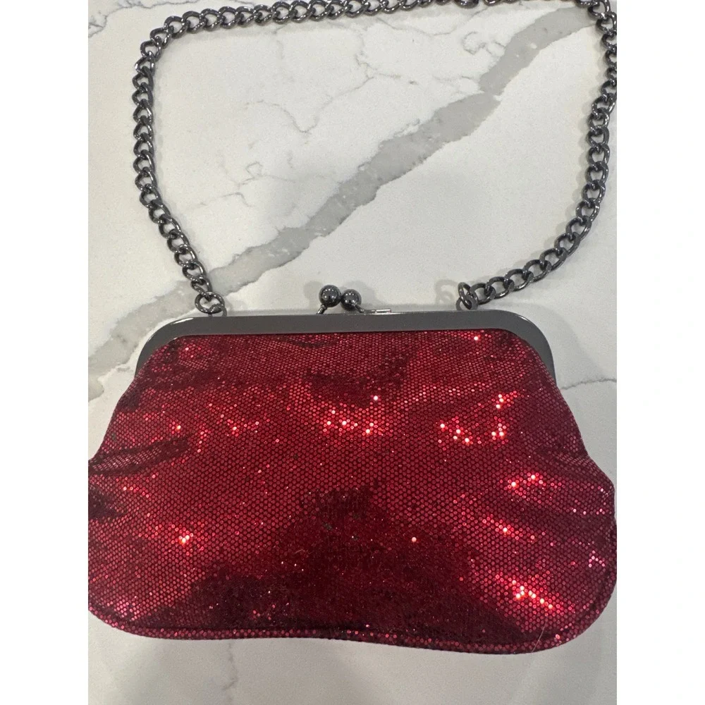 Express Red Glitter Kiss Lock Evening Clutch Bag Gunmetal Chain Strap